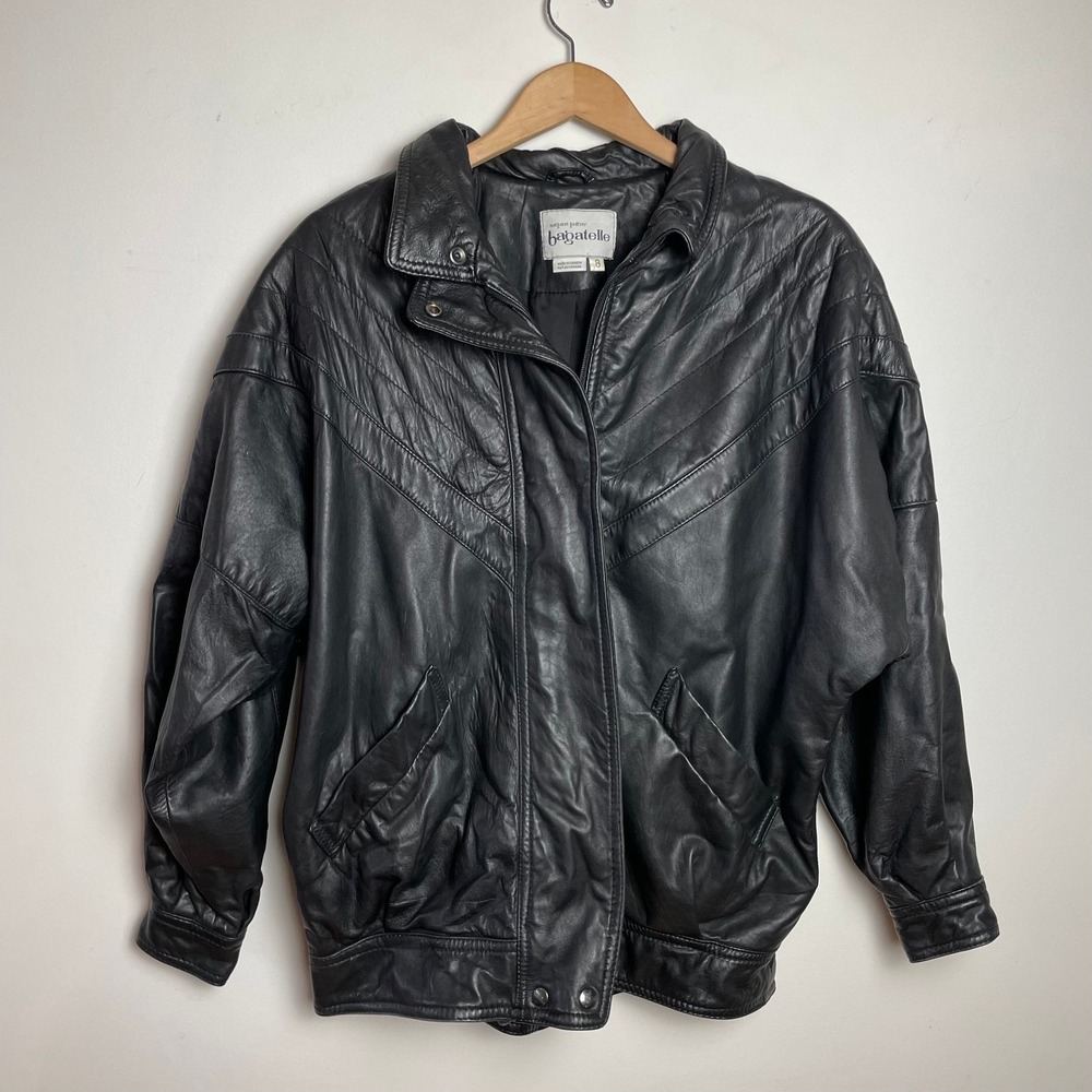 Vinate 80s 90s Black Leather Bomber Jacket XL Minimalist Relaxed Oversized Retro